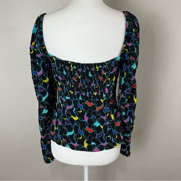 Staud Josephine Black Printed Multicolor Crepe Long Sleeve Sweetheart Top Size 6 - Picture 6 of 13